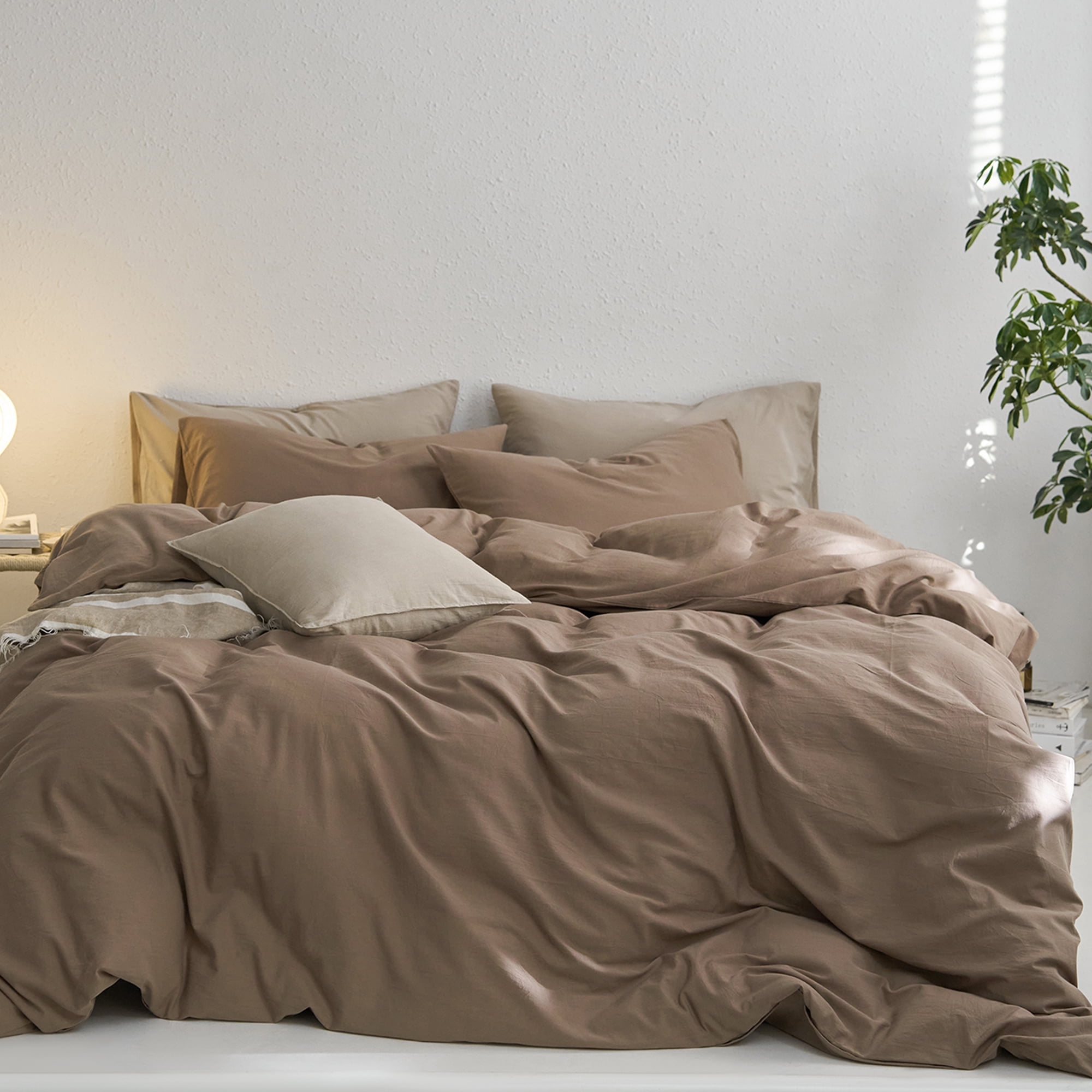 MooMee Duvet Cover Set Queen 100% Washed Cotton Twill Ultra-Soft Breathable Linen Like 3-Piece (Bombay Brown, 90"x90")