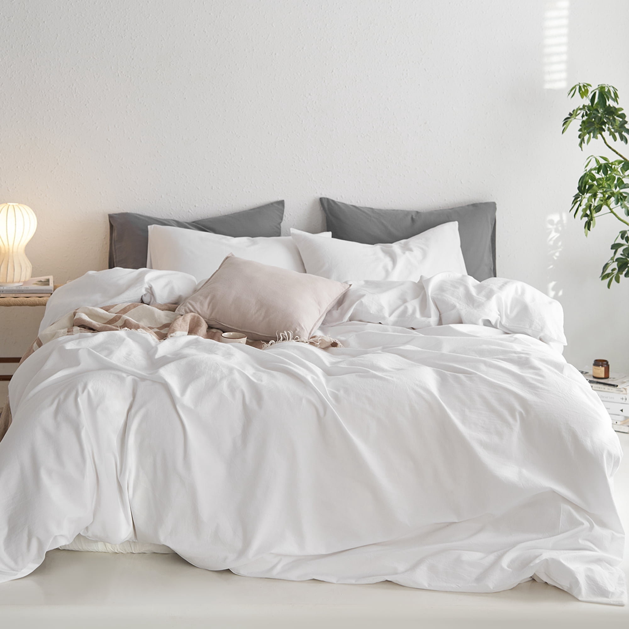 MooMee Duvet Cover Set Queen 100% Washed Cotton Twill Ultra-Soft Breathable Linen Like 3-Piece (Bright White, 90"x90")