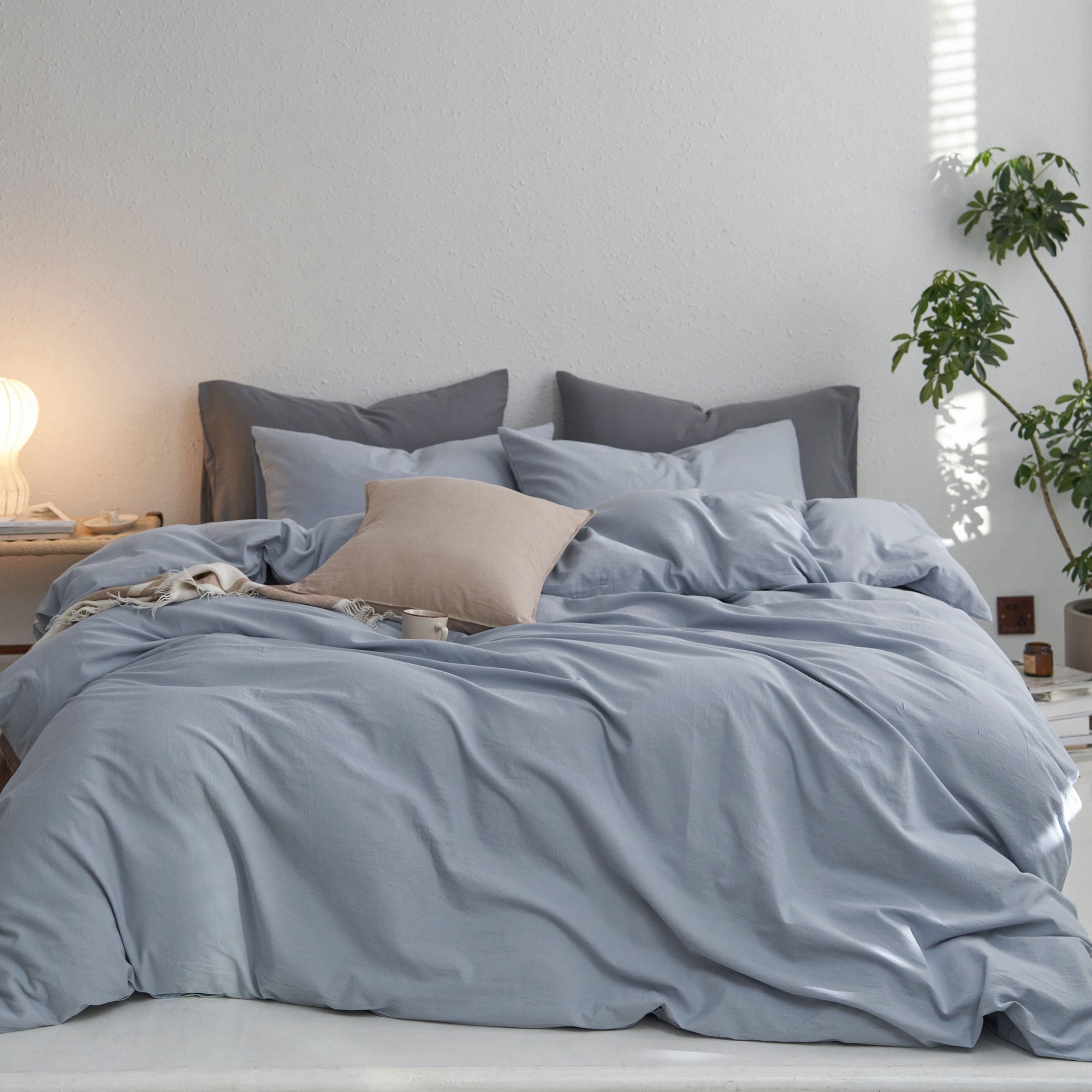 MooMee Duvet Cover Set Queen 100% Washed Cotton Twill Ultra-Soft Breathable Linen Like 3-Piece (Cornflower Blue, 90"x90")