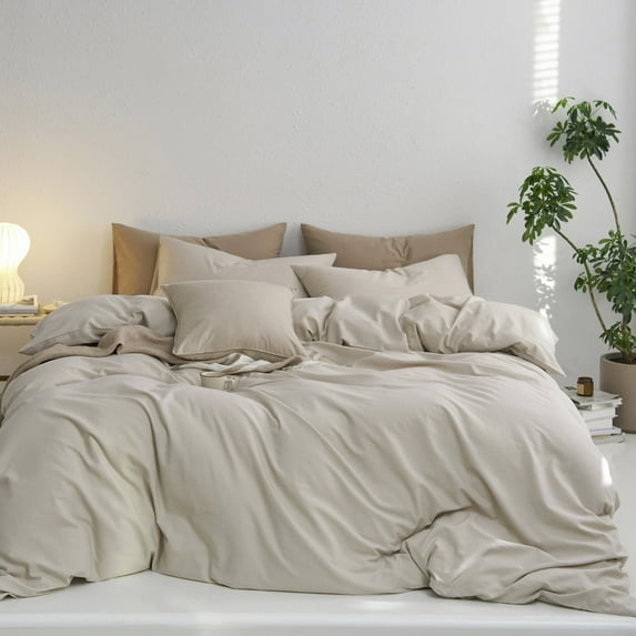 MooMee Duvet Cover Set Queen 100% Washed Cotton Twill Ultra-Soft Breathable Linen Like 3-Piece (Cream Grey, 90"x90")