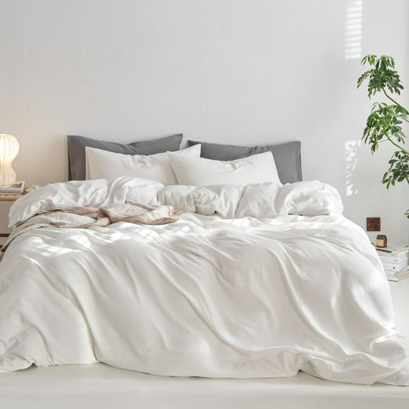 MooMee Duvet Cover Set Queen 100% Washed Cotton Twill Ultra-Soft Breathable Linen Like 3-Piece (Off White, 90"x90")