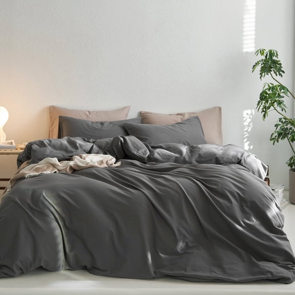 MooMee Duvet Cover Set Twin 100% Washed Cotton Twill Ultra-Soft Breathable Linen Like 2-Piece (Dark Grey, 68"x90")