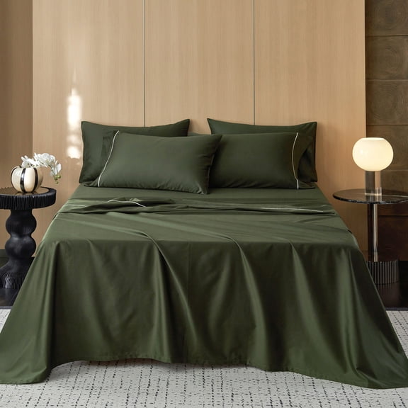 MooMee Sheet Set King 600TC 100% Long-Staple Cotton Silky Sateen Smooth Luxury 4pcs(Olive Green)