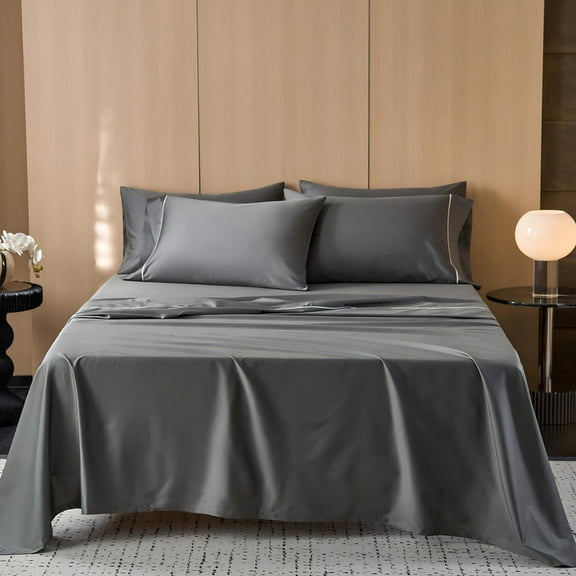 MooMee Extra Long Staple Cotton Queen Sheet Set 600 TC Egyptian Cotton Texture Silky Sateen Smooth Luxury (Dark Grey)