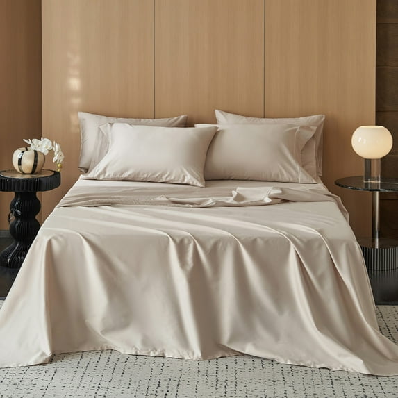 MooMee Sheet Set Queen 600TC 100% Long-Staple Cotton Silky Sateen Smooth Luxury 4pcs(Light Beige)