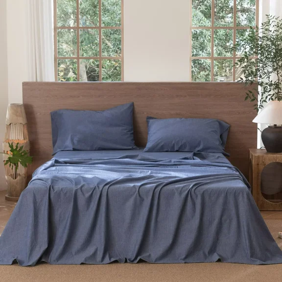 MooMee Flat Sheet Only 100% Washed Cotton Linen Like Textured Breathable Lightweight (Blue, Queen 90" x 102")