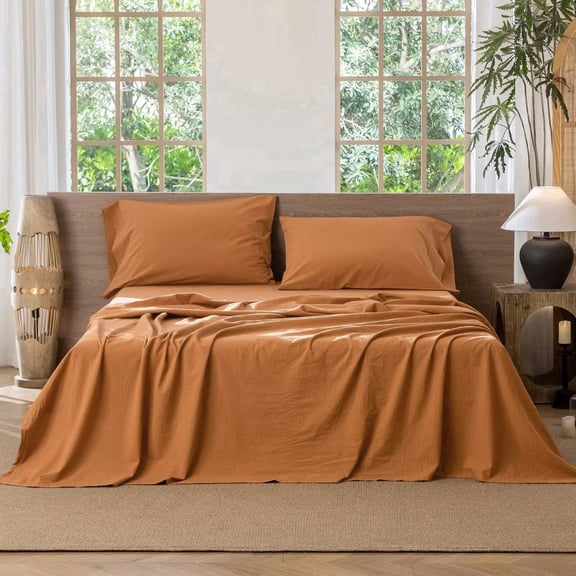 MooMee Flat Sheet Only 100% Washed Cotton Linen Like Textured Breathable Lightweight (Burnt Orange, Queen 90" x 102")