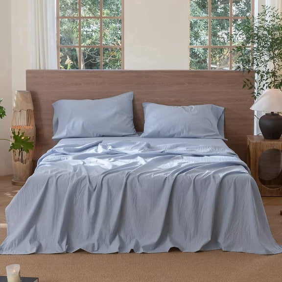 MooMee Flat Sheet Only 100% Washed Cotton Linen Like Textured Breathable Lightweight (Cornflower Blue, Queen 90" x 102")