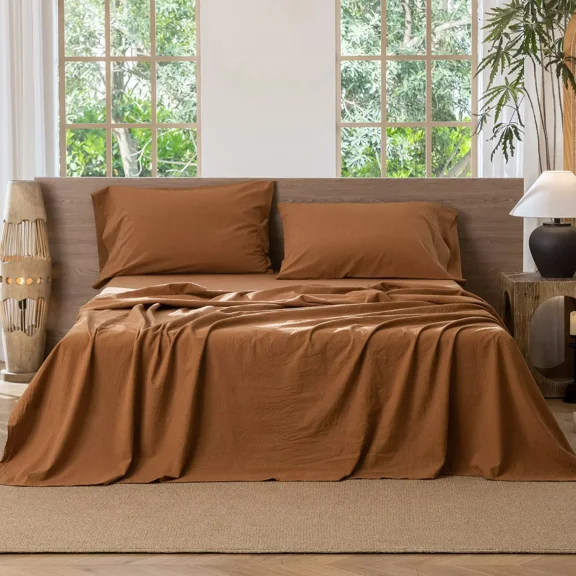 MooMee Flat Sheet Only 100% Washed Cotton Linen Like Textured Breathable Lightweight (Dark Orange, Queen 90" x 102")