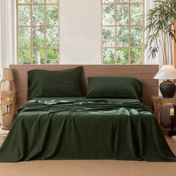 MooMee Flat Sheet Only 100% Washed Cotton Linen Like Textured Breathable Lightweight (Forest Green, Queen 90" x 102")