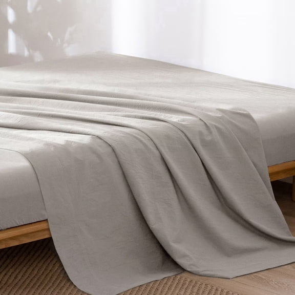 MooMee Flat Sheet Only 100% Washed Cotton Linen Like Textured Breathable Lightweight (New Natural Linen, Queen 90" x 102")