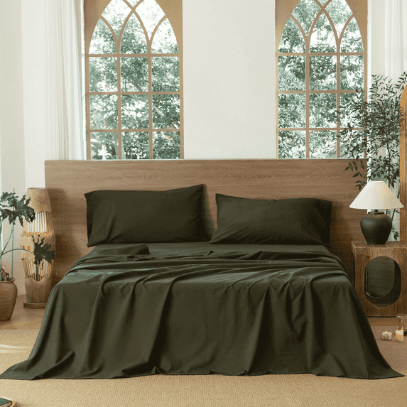 MooMee Flat Sheet Only 100% Washed Cotton Linen Like Textured Breathable Lightweight (Olive Green, Queen 90" x 102")