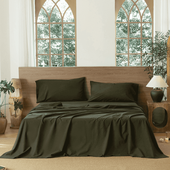 MooMee Flat Sheet Only 100% Washed Cotton Linen Like Textured Breathable Lightweight (Olive Green, Queen 90" x 102")