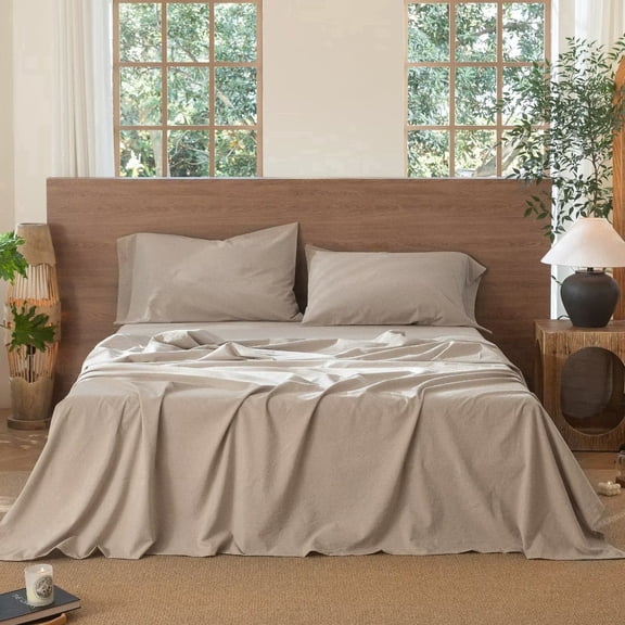 MooMee Flat Sheet Only 100% Washed Cotton Linen Like Textured Breathable Lightweight (Tannish Linen Grey, King 108" x 102")