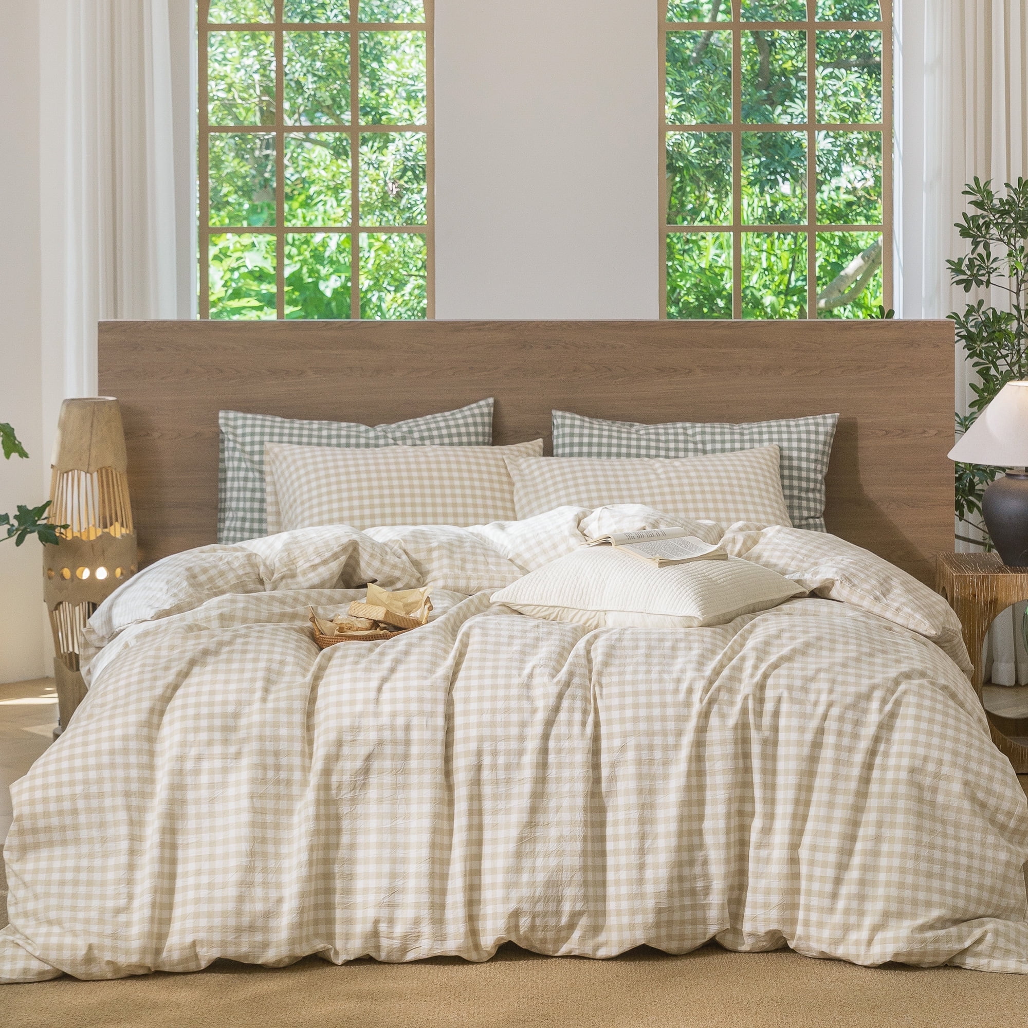 MooMee Gingham Duvet Cover Set King 100% Washed Cotton Linen Like Textured Breathable Lightweight 3-Piece (Almond Milk Grey, 104"x90")