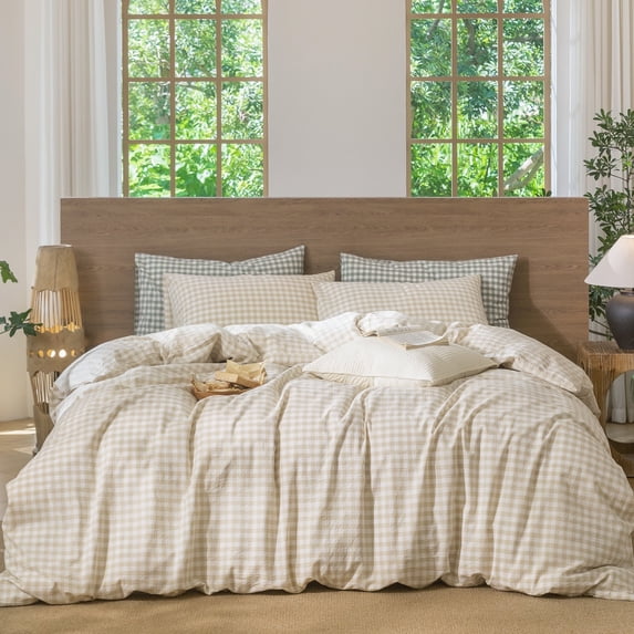 MooMee Gingham Duvet Cover Set King 100% Washed Cotton Linen Like Textured Breathable Lightweight 3-Piece (Almond Milk Grey, 104"x90")