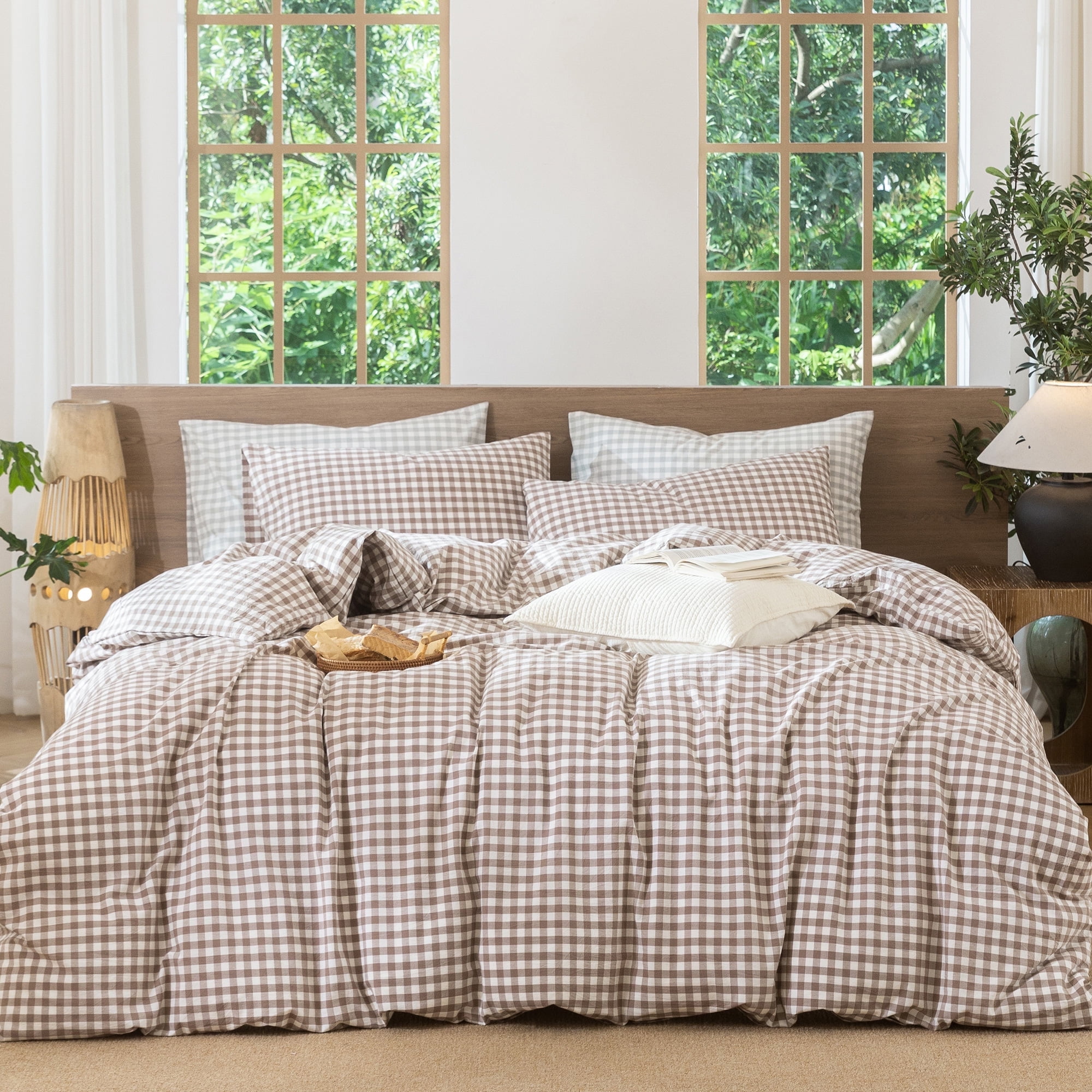 MooMee Gingham Duvet Cover Set Queen 100% Washed Cotton Linen Like Textured Breathable Lightweight 3-Piece (Brown, 90"x90")