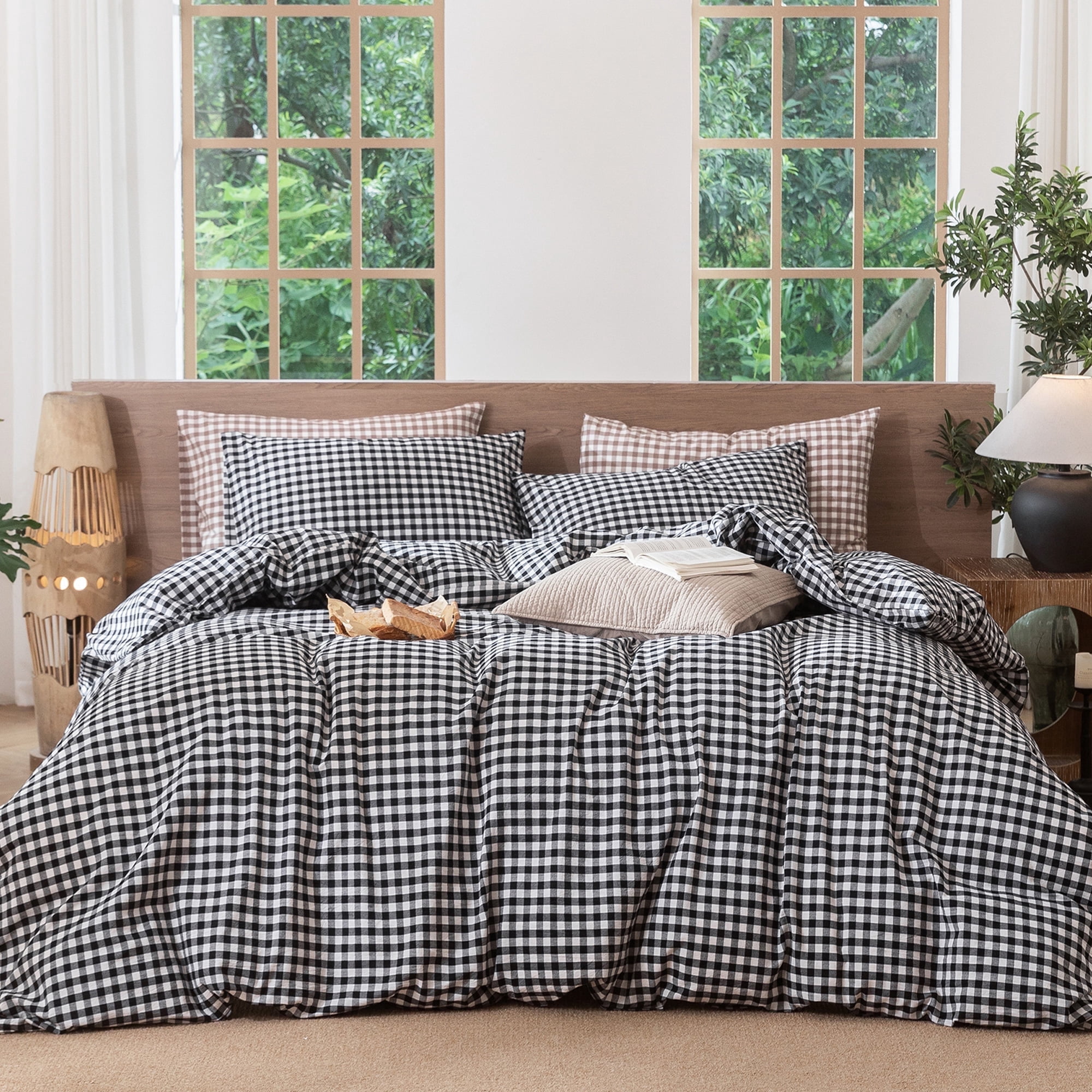 MooMee Gingham Duvet Cover Set King 100% Washed Cotton Linen Like Textured Breathable Lightweight 3-Piece (Black& White, 104"x90")