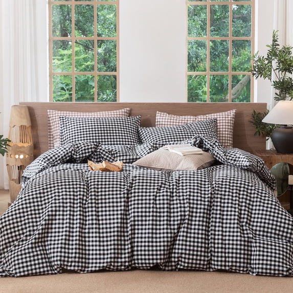 MooMee Gingham Duvet Cover Set Queen 100% Washed Cotton Linen Like Textured Breathable Lightweight 3-Piece (Black& White, 90"x90")