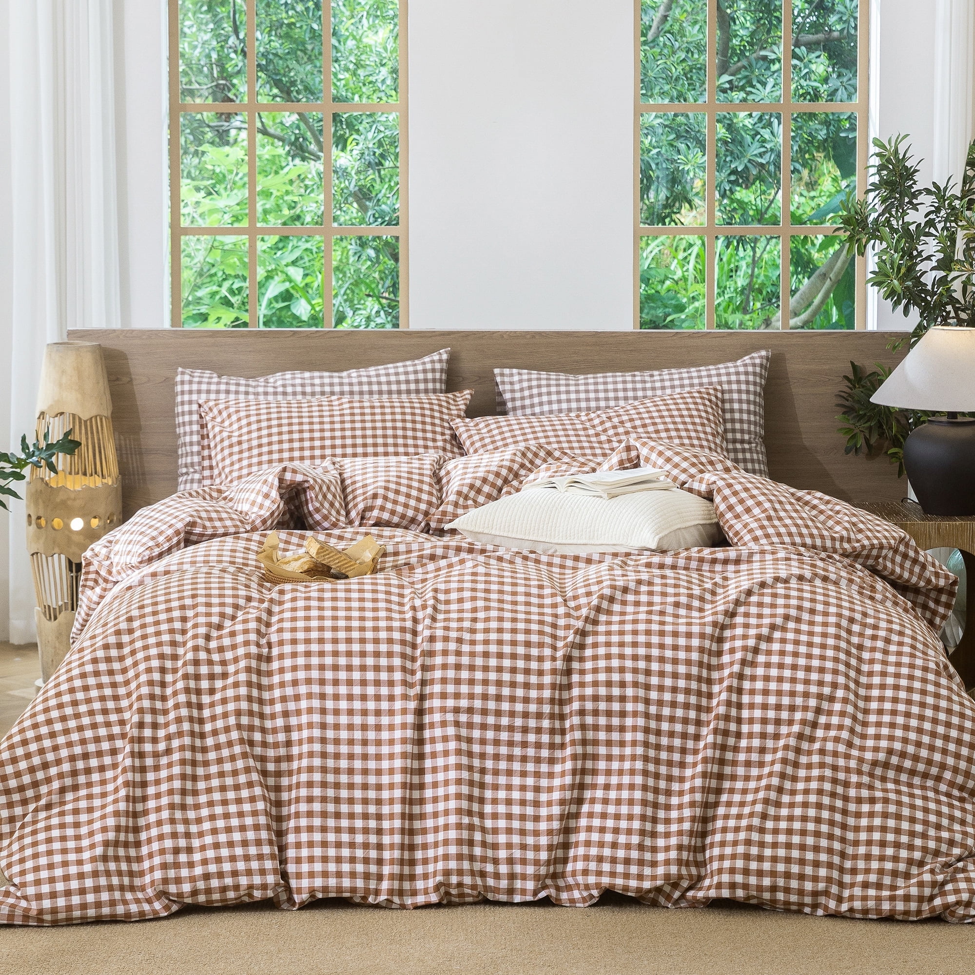 MooMee Gingham Duvet Cover Set King 100% Washed Cotton Linen Like Textured Breathable Lightweight 3-Piece (Dark Orange, 104"x90")