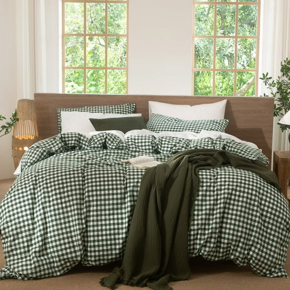 MooMee Gingham Duvet Cover Set Queen 100% Washed Cotton Linen Like Textured Breathable Lightweight 3-Piece (Forest Green, 90"x90")