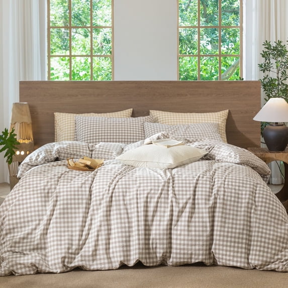 MooMee Gingham Duvet Cover Set Queen 100% Washed Cotton Linen Like Textured Breathable Lightweight 3-Piece (Tannish Linen Grey, 90"x90")
