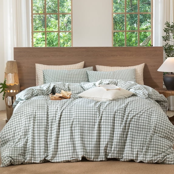 MooMee Gingham Duvet Cover Set Queen 100% Washed Cotton Linen Like Textured Breathable Lightweight 3-Piece (Sage Green, 90"x90")