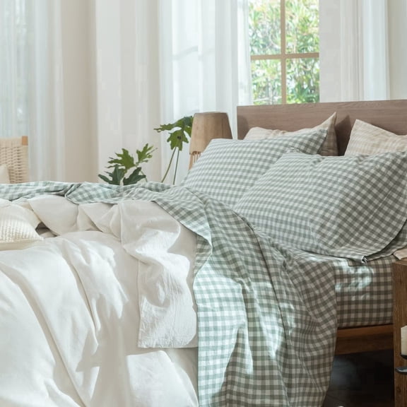 MooMee Gingham Sheet Set 100% Washed Cotton Linen Like Textured Extra Deep Pocket Breathable Lightweight 4-Piece (Sage Green, King)