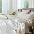 thumbnail image 1 of MooMee Gingham Sheet Set 100% Washed Cotton Linen Like Textured Extra Deep Pocket Breathable Lightweight 4-Piece (Almond Milk Gray, King), 1 of 9