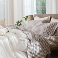 thumbnail image 1 of MooMee Gingham Sheet Set 100% Washed Cotton Linen Like Textured Extra Deep Pocket Breathable Lightweight 4-Piece (Brown, Queen), 1 of 9