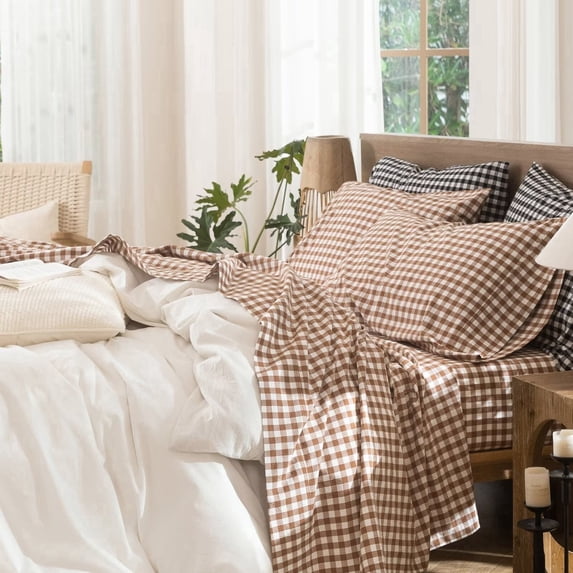 MooMee Gingham Sheet Set 100% Washed Cotton Linen Like Textured Extra Deep Pocket Breathable Lightweight 4-Piece (Dark Orange, Queen)