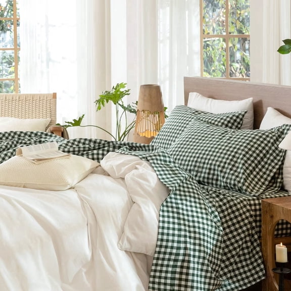 MooMee Gingham Sheet Set 100% Washed Cotton Linen Like Textured Extra Deep Pocket Breathable Lightweight 4-Piece (Forest Green, Queen)