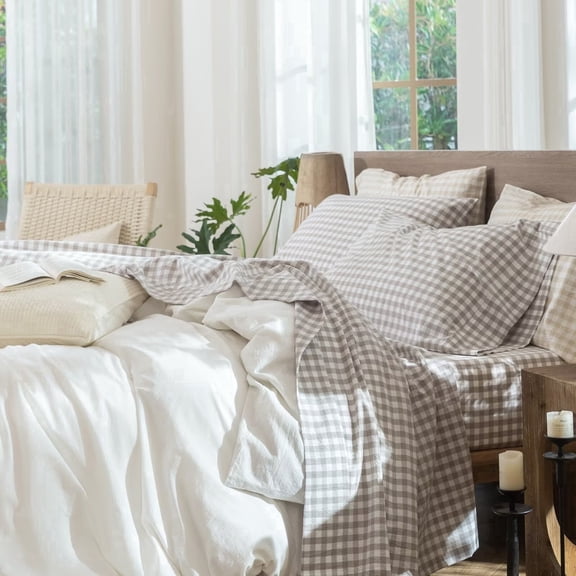 MooMee Gingham Sheet Set 100% Washed Cotton Linen Like Textured Extra Deep Pocket Breathable Lightweight 4-Piece (Tannish Linen Gray, Queen)