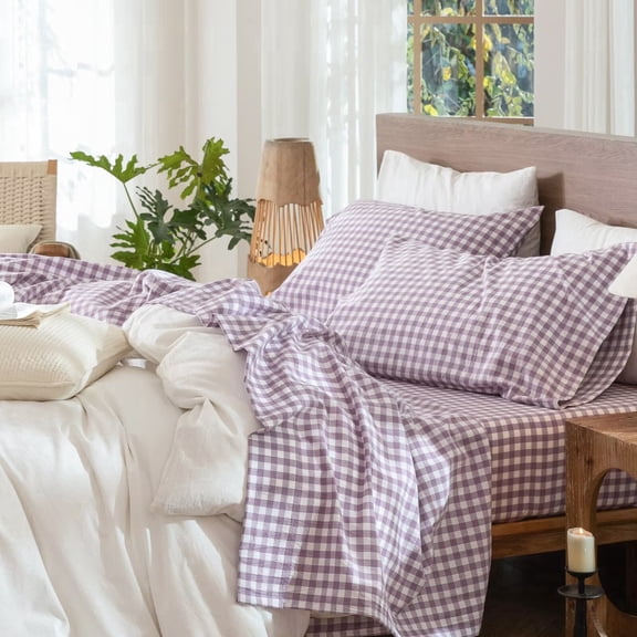 MooMee Gingham Sheet Set 100% Washed Cotton Linen Like Textured Extra Deep Pocket Breathable Lightweight 4-Piece (Light Purple, Queen)