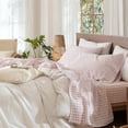 thumbnail image 1 of MooMee Gingham Sheet Set 100% Washed Cotton Linen Like Textured Extra Deep Pocket Breathable Lightweight 4-Piece (Grayish Pink, Queen), 1 of 7