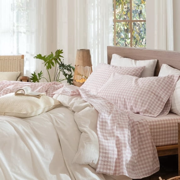 MooMee Gingham Sheet Set 100% Washed Cotton Linen Like Textured Extra Deep Pocket Breathable Lightweight 4-Piece (Grayish Pink, Queen)