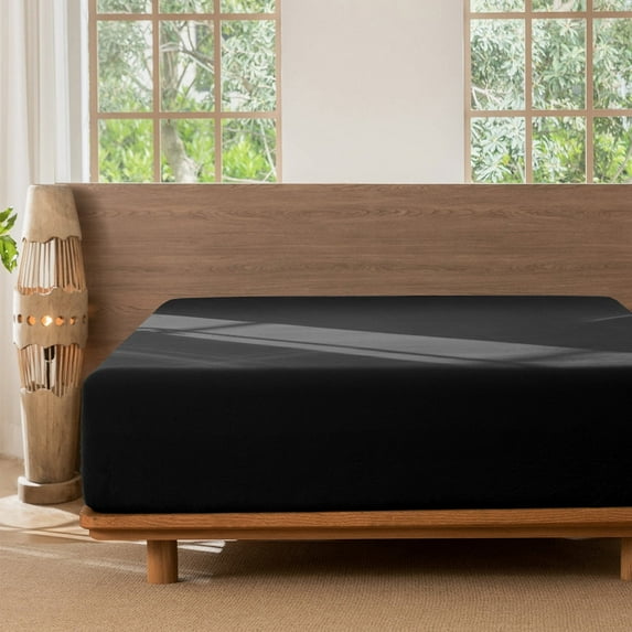MooMee 100% Washed Cotton Queen Fitted Sheet Only Linen Like Textured Extra-Deep Pocket Breathable Soft 1-Piece(Black, 60"x80")