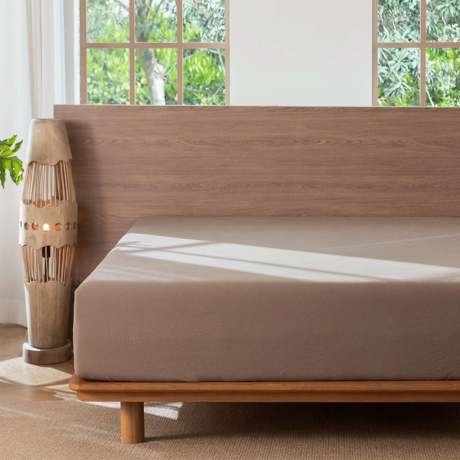 MooMee 100% Washed Cotton King Fitted Sheet Only Linen Like Textured Extra-Deep Pocket Breathable Soft 1-Piece(Brown, 78" x 80")
