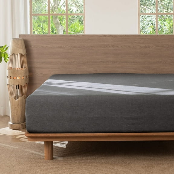 MooMee 100% Washed Cotton Queen Fitted Sheet Only Linen Like Textured Extra-Deep Pocket Breathable Soft 1-Piece(Dark Grey, 60"x80")