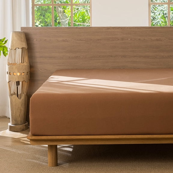 MooMee 100% Washed Cotton Queen Fitted Sheet Only Linen Like Textured Extra-Deep Pocket Breathable Soft 1-Piece(Dark Orange, 60"x80")