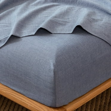 MooMee 100% Washed Cotton Queen Fitted Sheet Only Linen Like Textured Extra-Deep Pocket Breathable Soft 1-Piece(Denim Blue)
