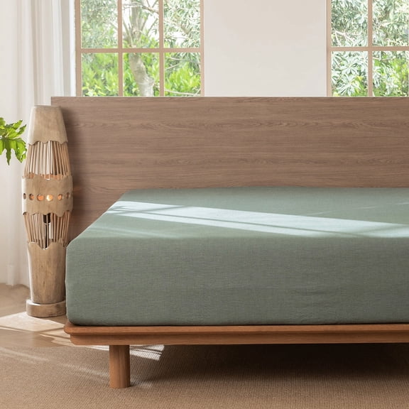 MooMee 100% Washed Cotton Queen Fitted Sheet Only Linen Like Textured Extra-Deep Pocket Breathable Soft 1-Piece(Heathered Green, 60"x80")