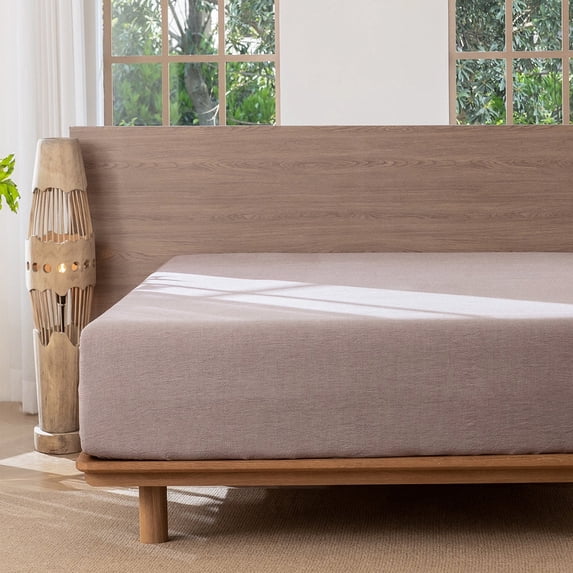 MooMee 100% Washed Cotton Queen Fitted Sheet Only Linen Like Textured Extra-Deep Pocket Breathable Soft 1-Piece(Mauve Brown, 60"x80")