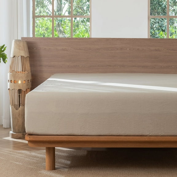 MooMee 100% Washed Cotton King Fitted Sheet Only Linen Like Textured Extra-Deep Pocket Breathable Soft 1-Piece(Tannish Linen Grey, 78"x80")