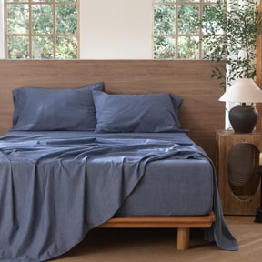 MooMee 100% Washed Cotton Sheet Set Queen Linen Like Textured Breathable Durable Soft Comfy 4pcs (Denim Blue)