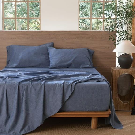 MooMee 100% Washed Cotton Sheet Set Queen Linen Like Textured Breathable Durable Soft Comfy 4pcs (Denim Blue)
