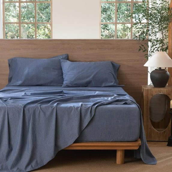 MooMee 100% Washed Cotton Sheet Set Queen Linen Like Textured Breathable Durable Soft Comfy 4pcs (Denim Blue)
