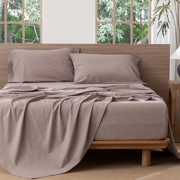 MooMee 100% Washed Cotton Sheet Set Queen Linen Like Textured Breathable Durable Soft Comfy 4pcs (Mauve Brown)