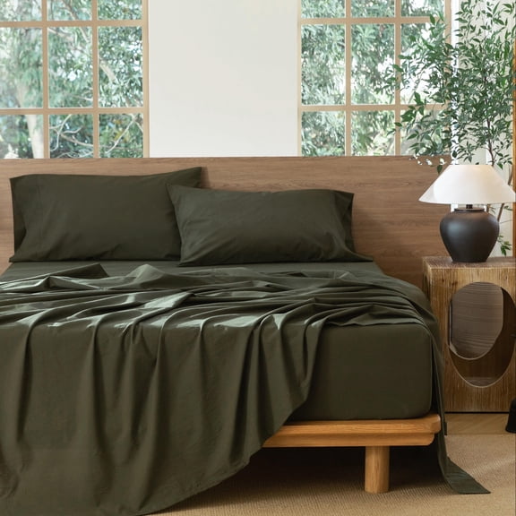 MooMee 100% Washed Cotton Sheet Set King Linen Like Textured Breathable Durable Soft Comfy 4pcs (Olive Green)