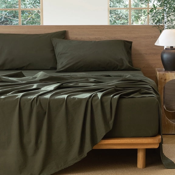 MooMee 100% Washed Cotton Sheet Set Queen Linen Like Textured Breathable Durable Soft Comfy 4pcs (Olive Green)